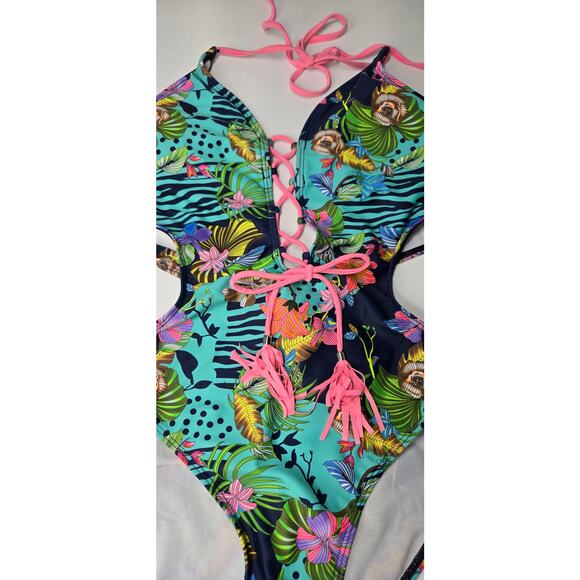 Sexy One Piece Side Cutout Swimsuit Lace Up Front Fringe Ocean Floral Swimsuit - Picture 4 of 6